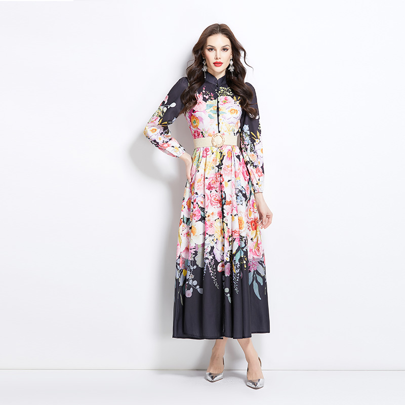 Vacation long flowers cstand collar dress