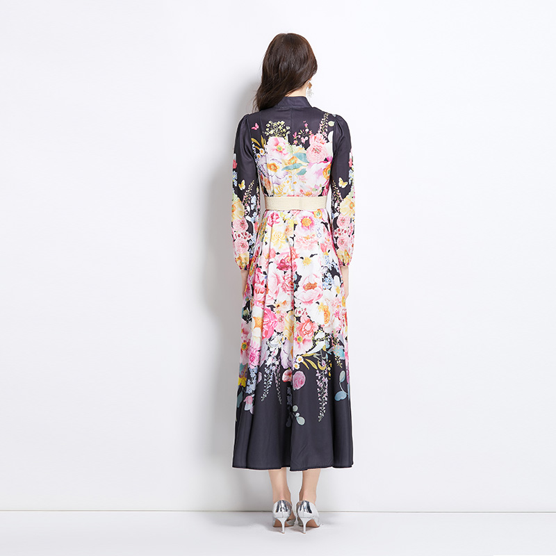 Vacation long flowers cstand collar dress