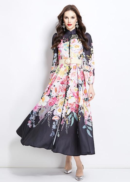 Vacation long flowers cstand collar dress