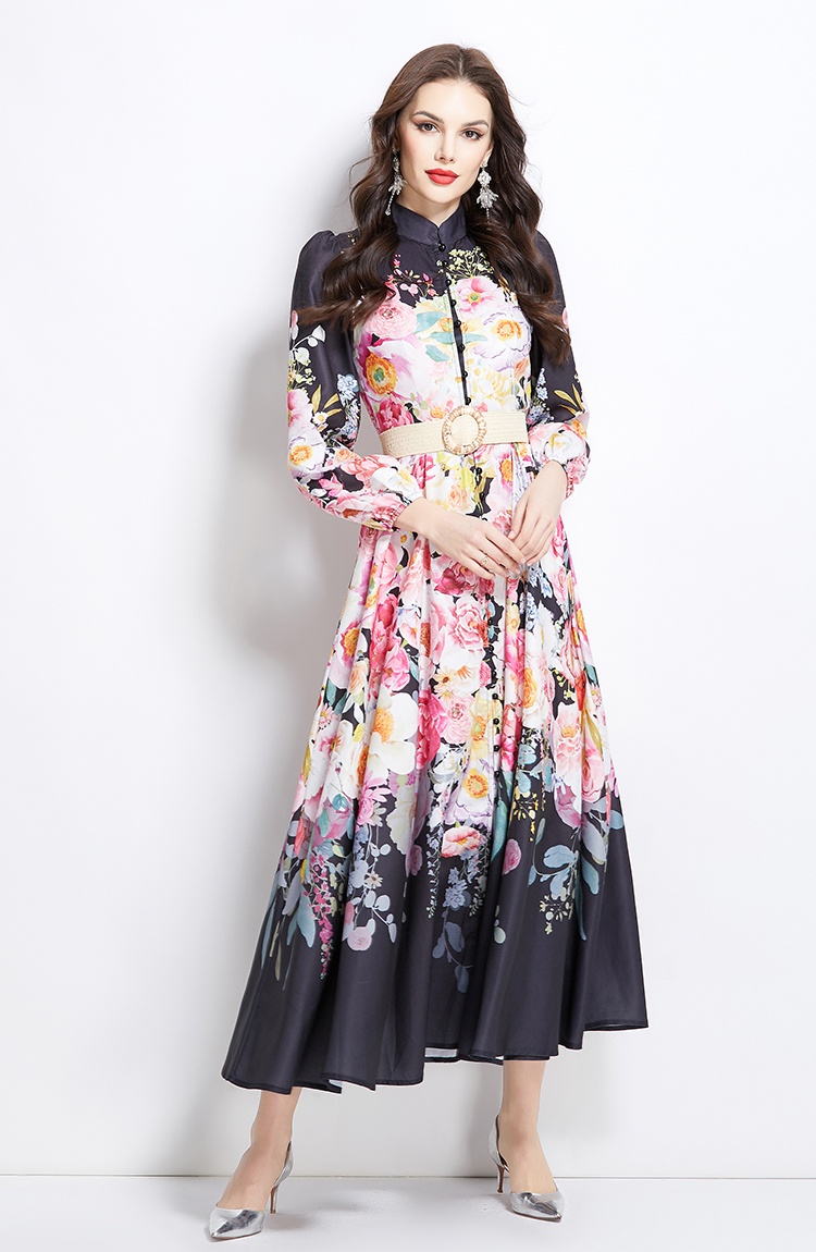 Vacation long flowers cstand collar dress