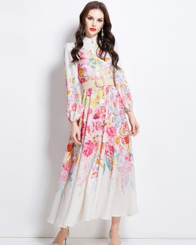 Flowers long cstand collar painting dress