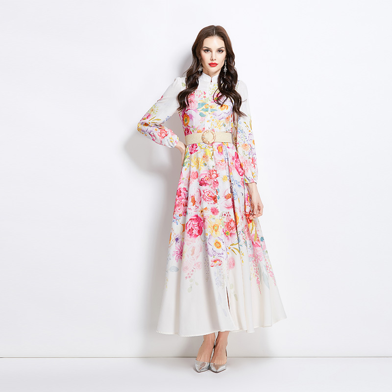 Flowers long cstand collar painting dress