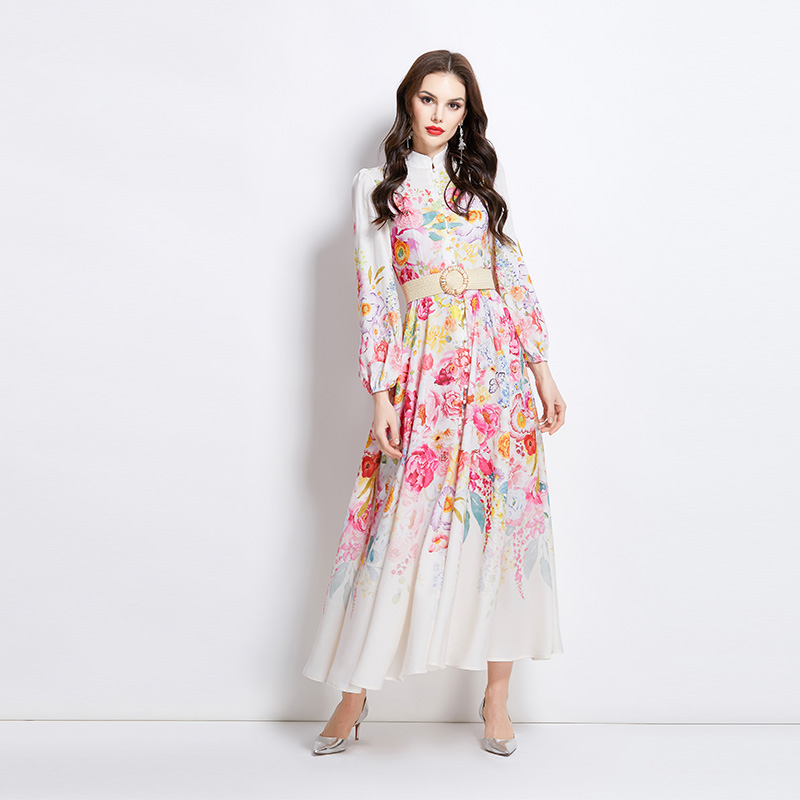 Flowers long cstand collar painting dress