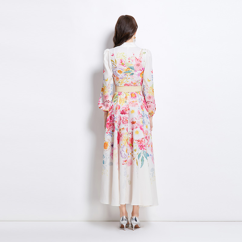 Flowers long cstand collar painting dress