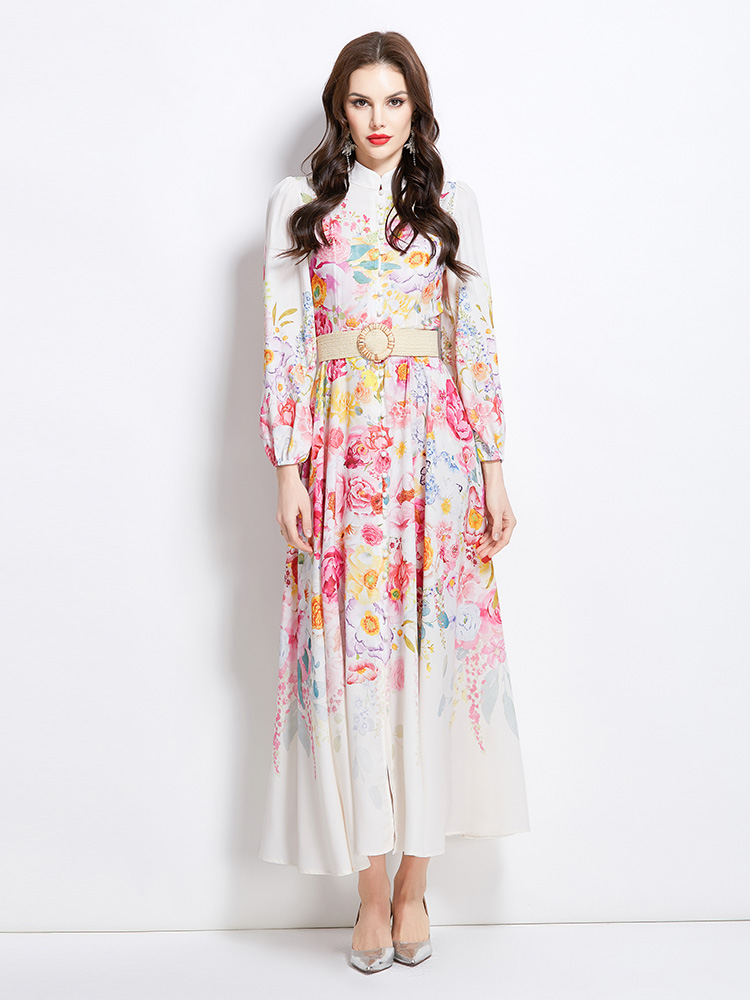 Flowers long cstand collar painting dress