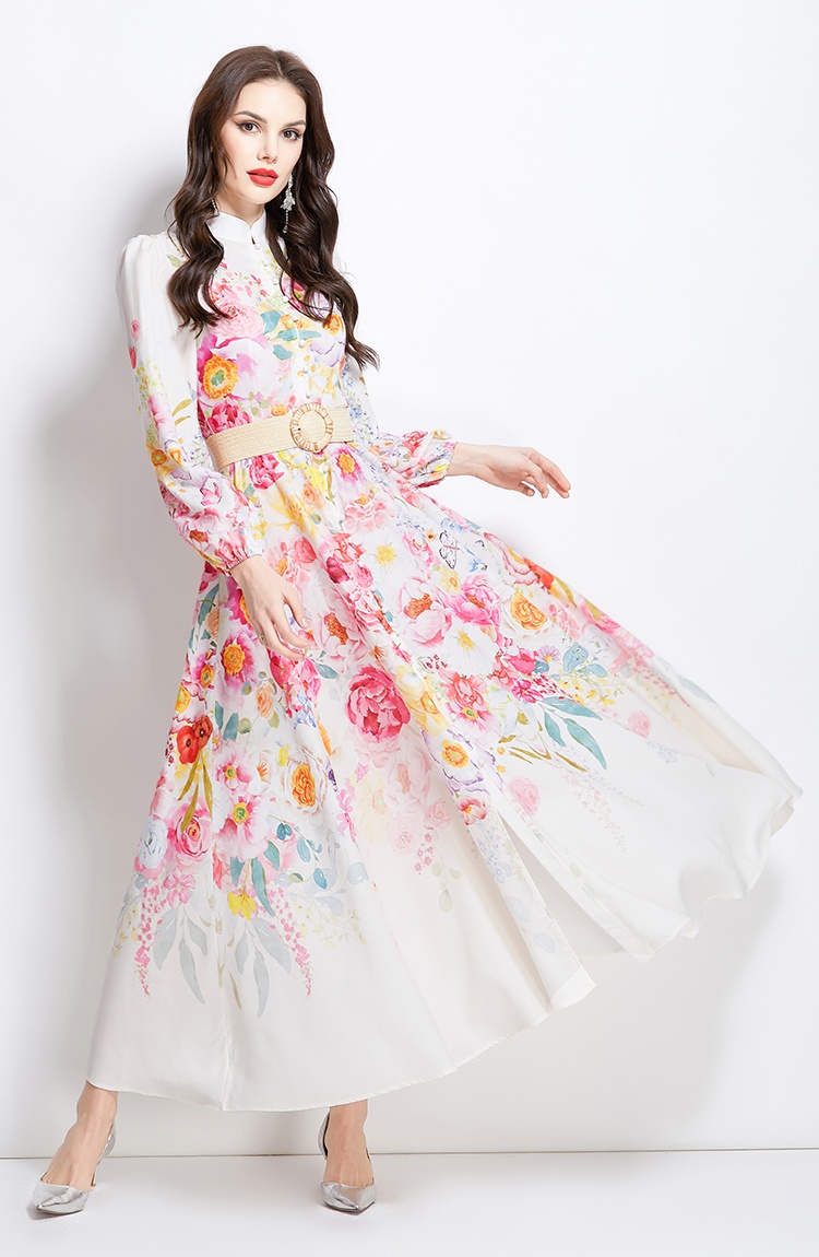 Flowers long cstand collar painting dress