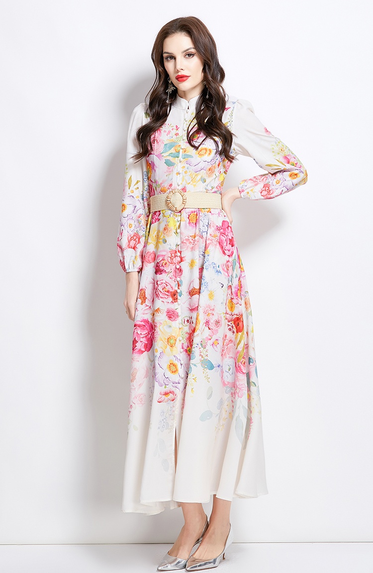 Flowers long cstand collar painting dress