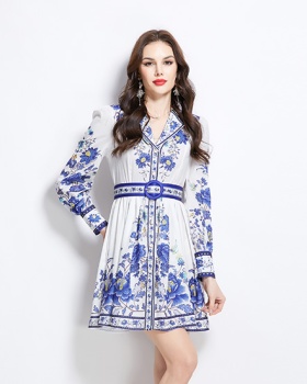 Short spring printing dress court style retro shirt