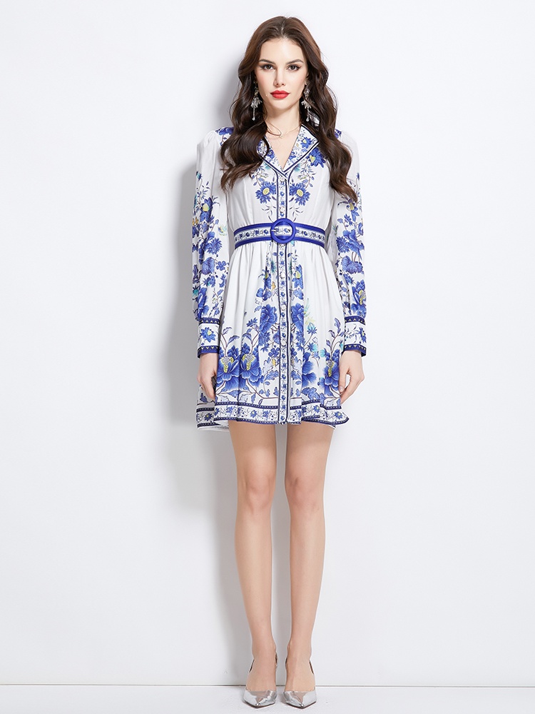 Short spring printing dress court style retro shirt