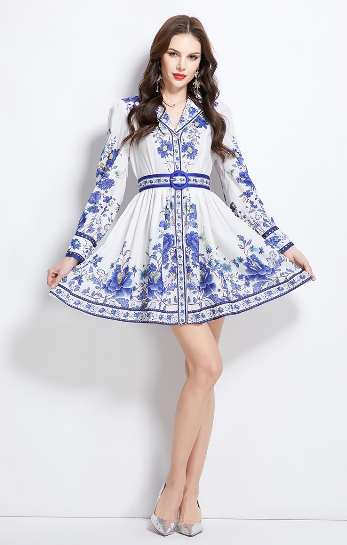 Short spring printing dress court style retro shirt