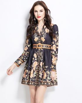 Printing court style retro dress spring short shirt