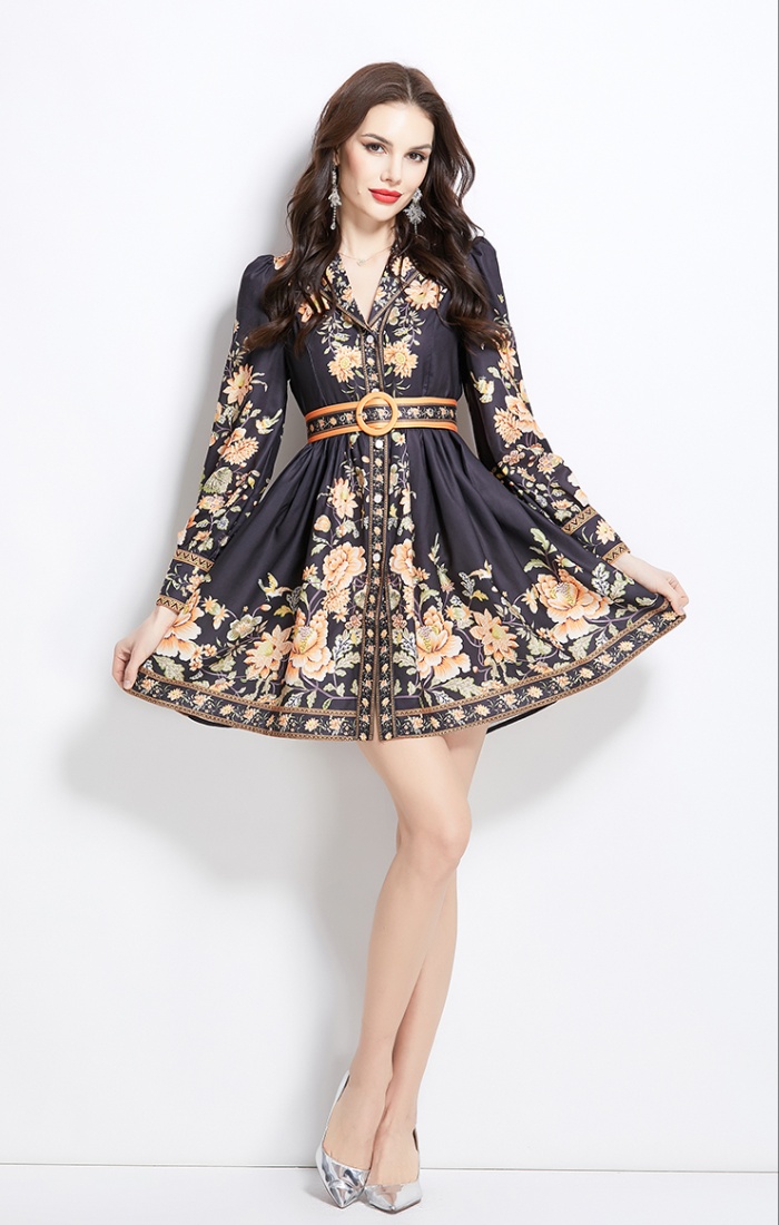 Printing court style retro dress spring short shirt