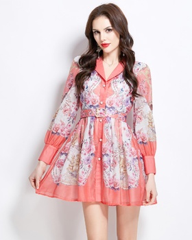 Short printing spring dress retro court style shirt