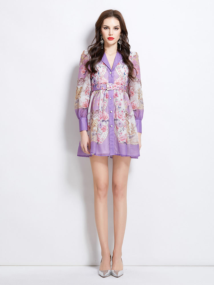 Court style printing spring dress short retro shirt