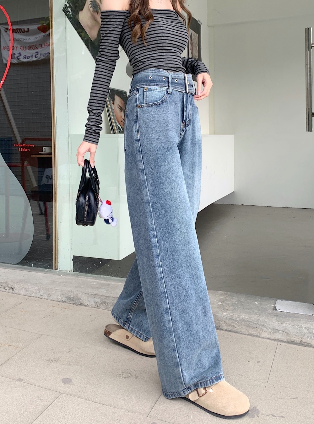 Mopping straight jeans loose belt for women