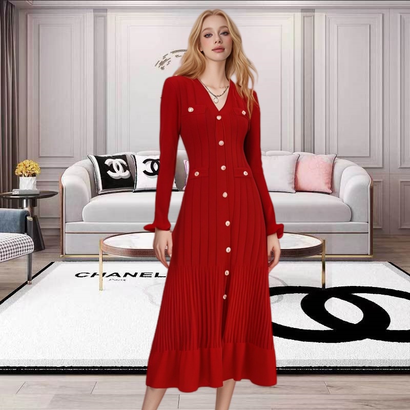 Knitted European style long dress big skirt dress