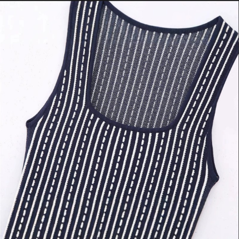 Sexy knitted stripe T-back square collar pinched waist dress