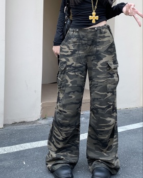 Drawstring wide leg camouflage mopping work pants for women