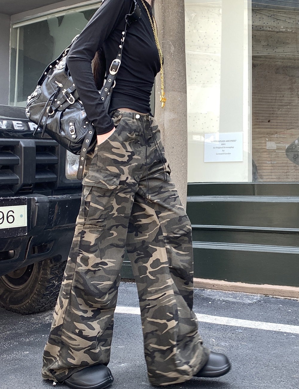 Drawstring wide leg camouflage mopping work pants for women