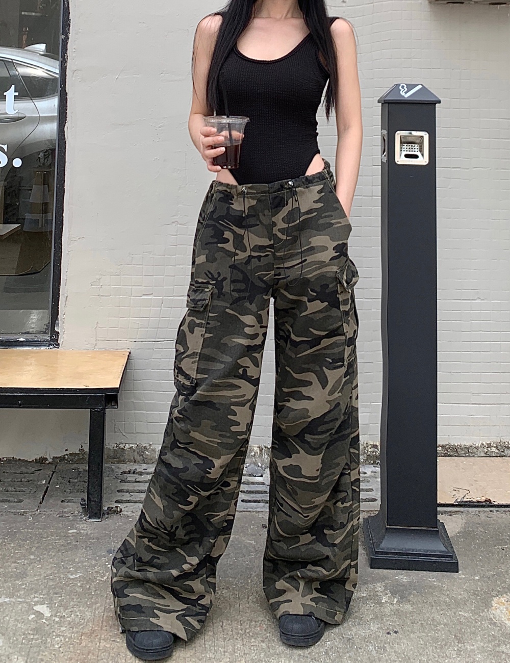 Drawstring wide leg camouflage mopping work pants for women