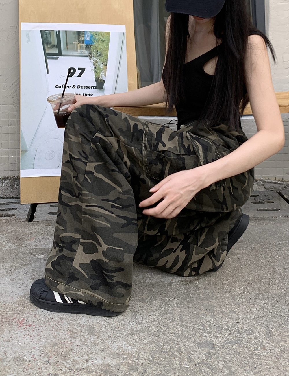 Drawstring wide leg camouflage mopping work pants for women