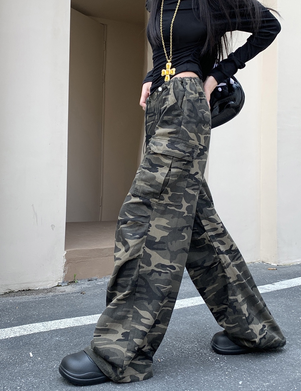 Drawstring wide leg camouflage mopping work pants for women