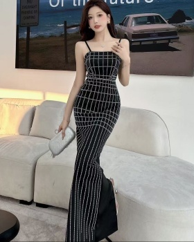 V-neck sling dress European style rhinestone long dress