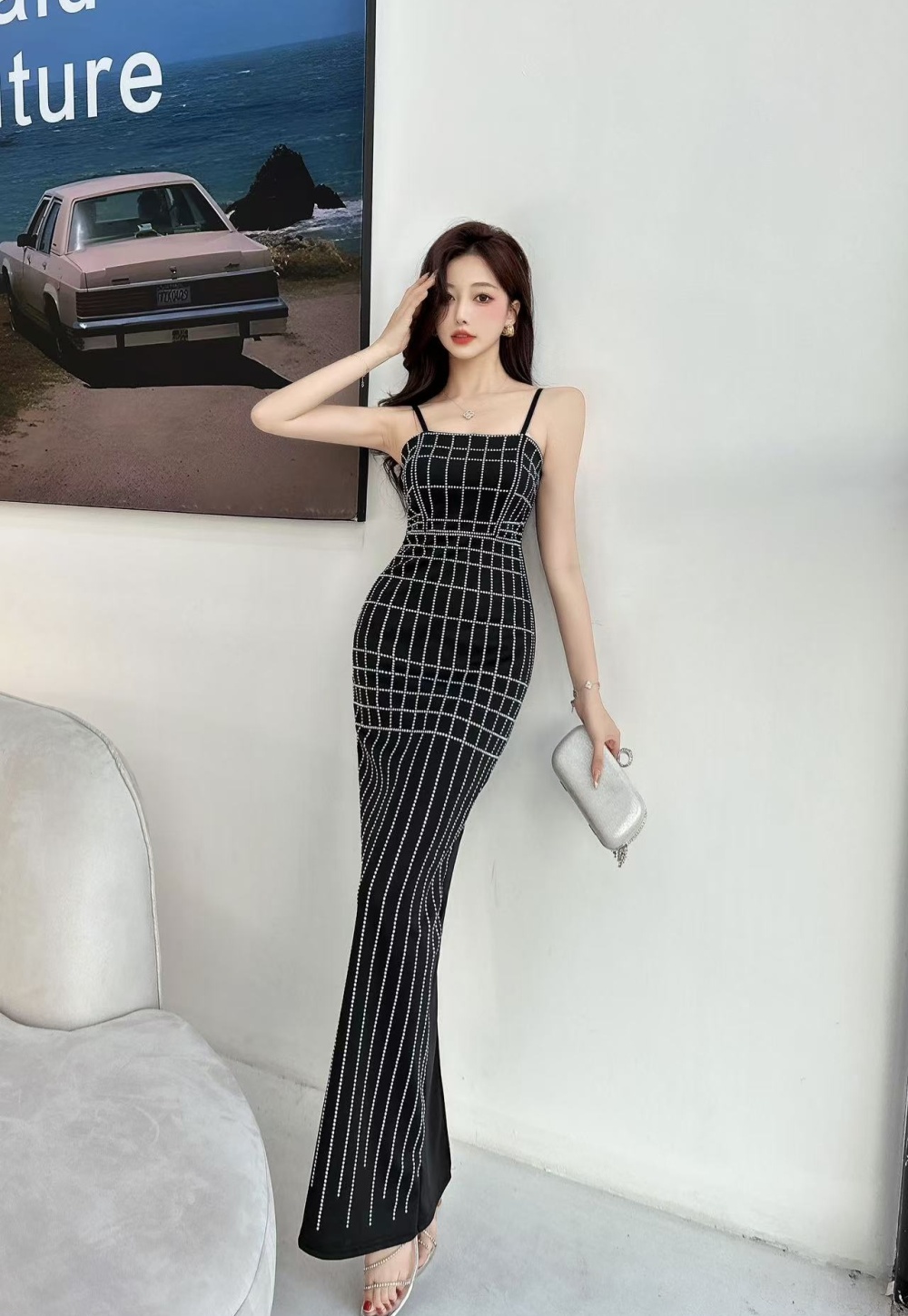 V-neck sling dress European style rhinestone long dress