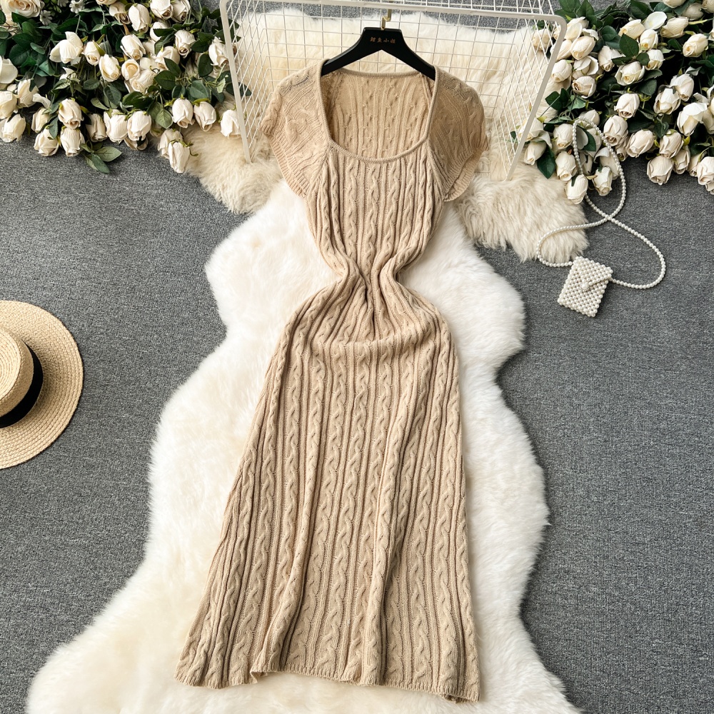 Temperament square collar knitted twist dress for women