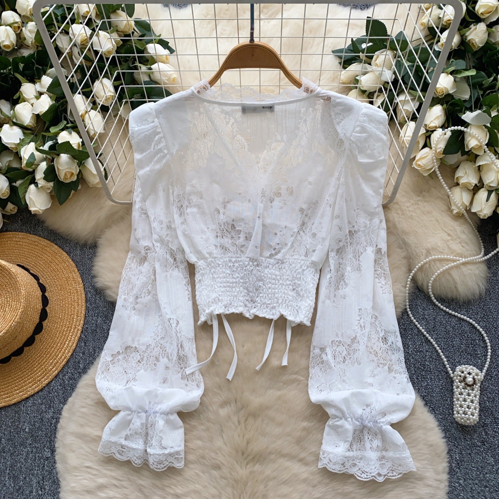 Cross crochet long sleeve lace drawstring navel tops