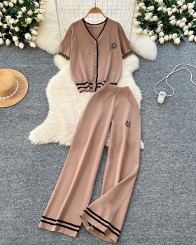 Knitted wide leg pants beading tops 2pcs set