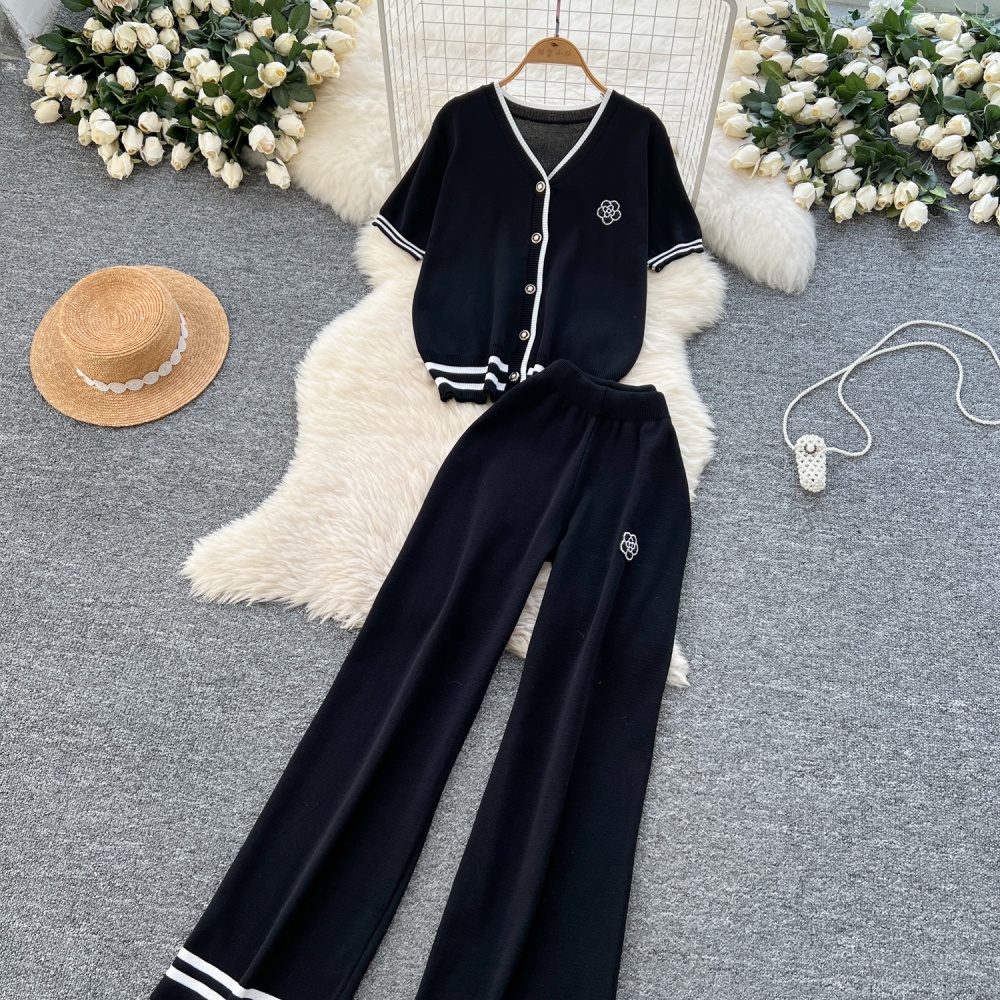 Knitted wide leg pants beading tops 2pcs set