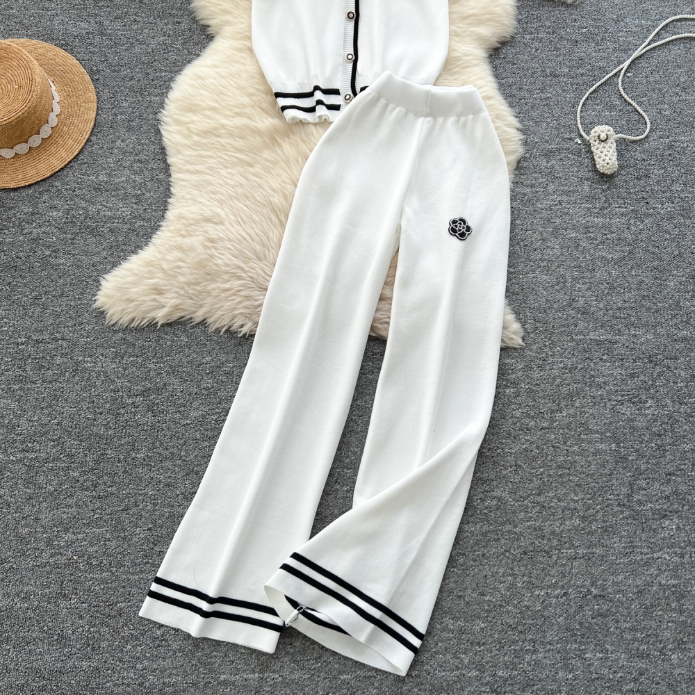 Knitted wide leg pants beading tops 2pcs set