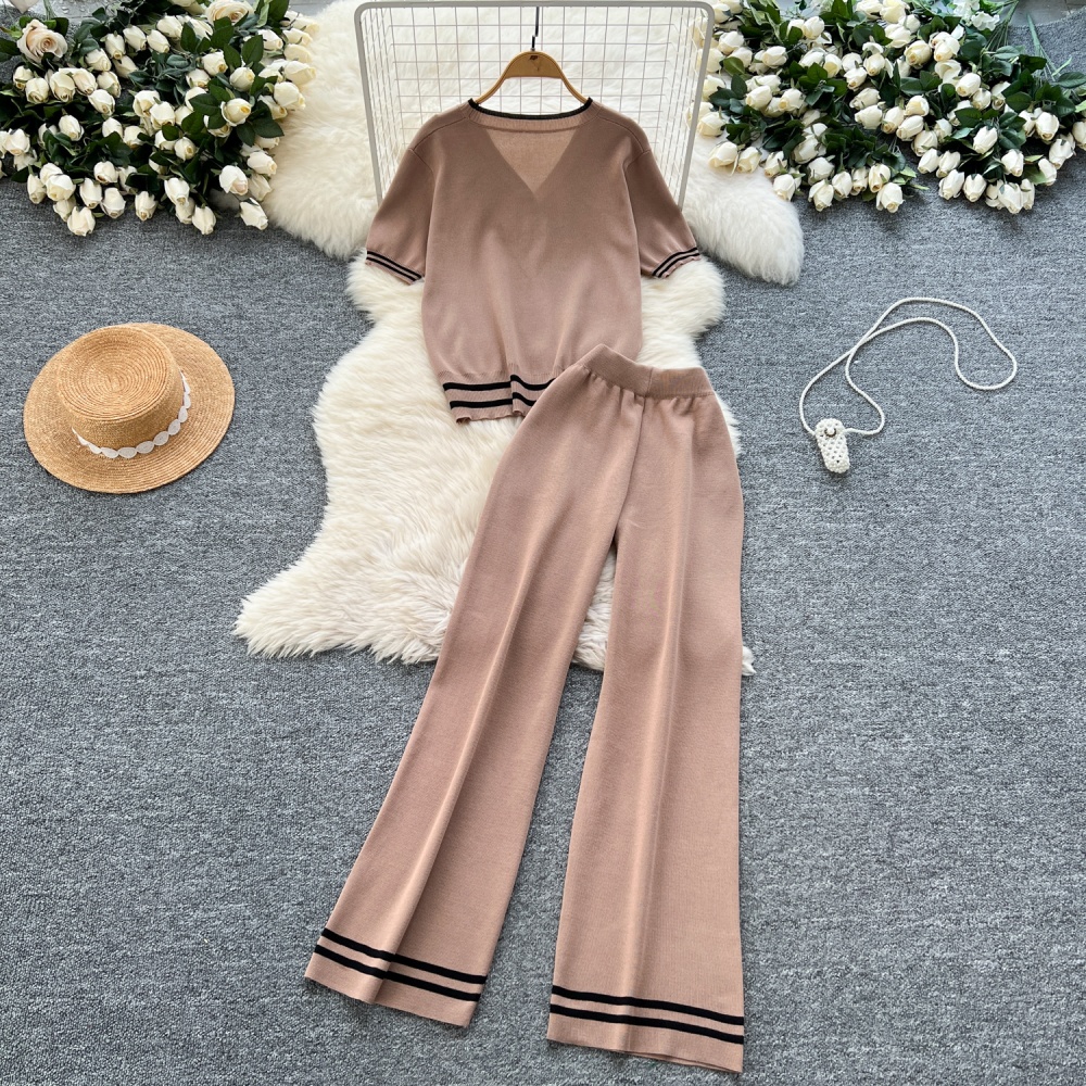 Knitted wide leg pants beading tops 2pcs set