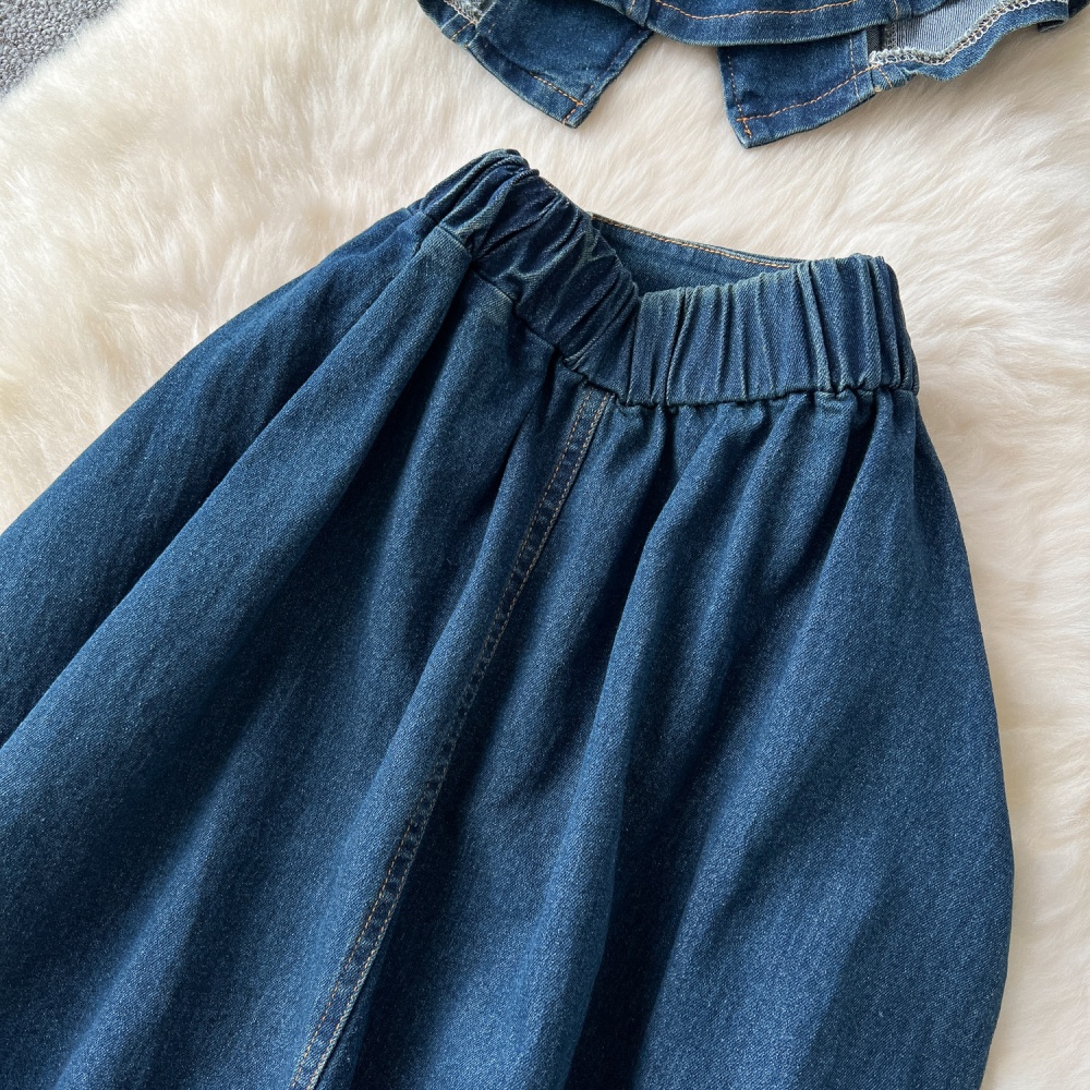 Lapel fold tops denim skirt a set for women