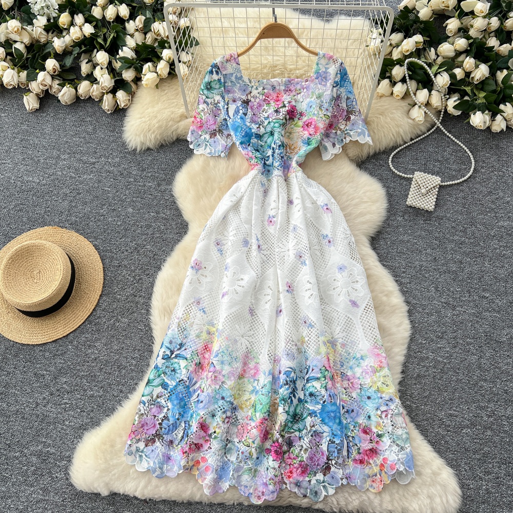 Hollow pinched waist slim crochet lace dress