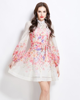 Short vacation flowers printing spring and summer dress