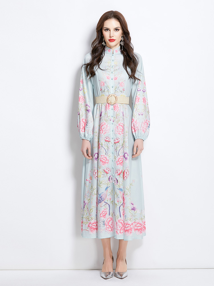 Cstand collar printing retro lantern sleeve dress