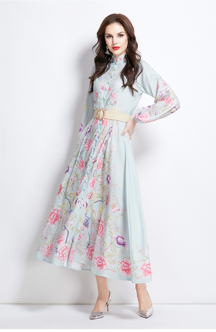 Cstand collar printing retro lantern sleeve dress