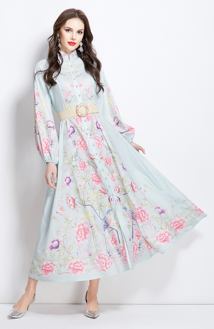 Cstand collar printing retro lantern sleeve dress