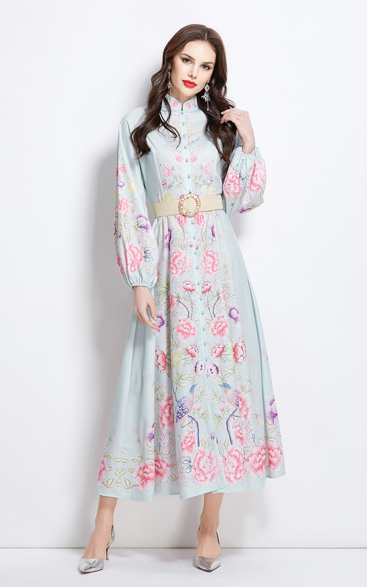 Cstand collar printing retro lantern sleeve dress