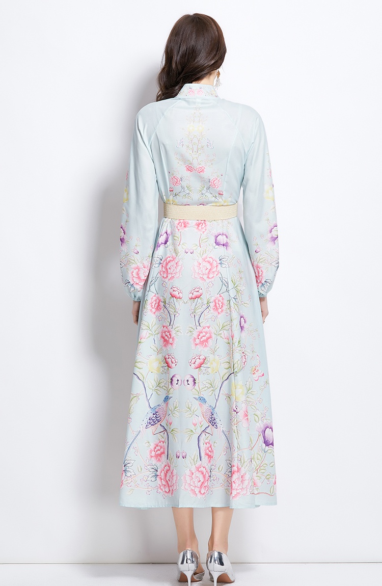 Cstand collar printing retro lantern sleeve dress