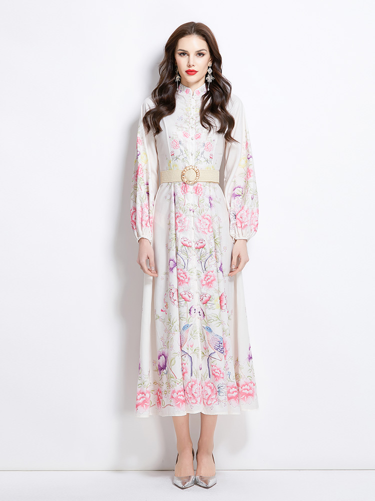 Cstand collar lantern sleeve printing national style dress