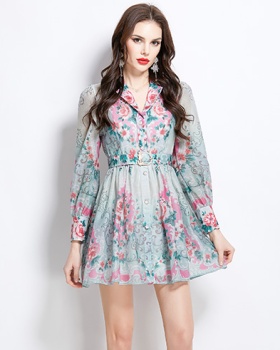 Court style printing spring dress short retro shirt