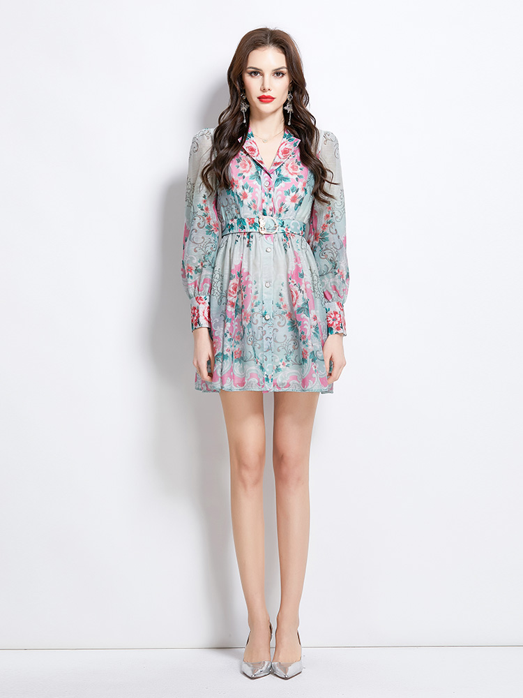 Court style printing spring dress short retro shirt