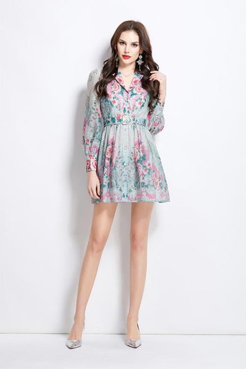 Court style printing spring dress short retro shirt