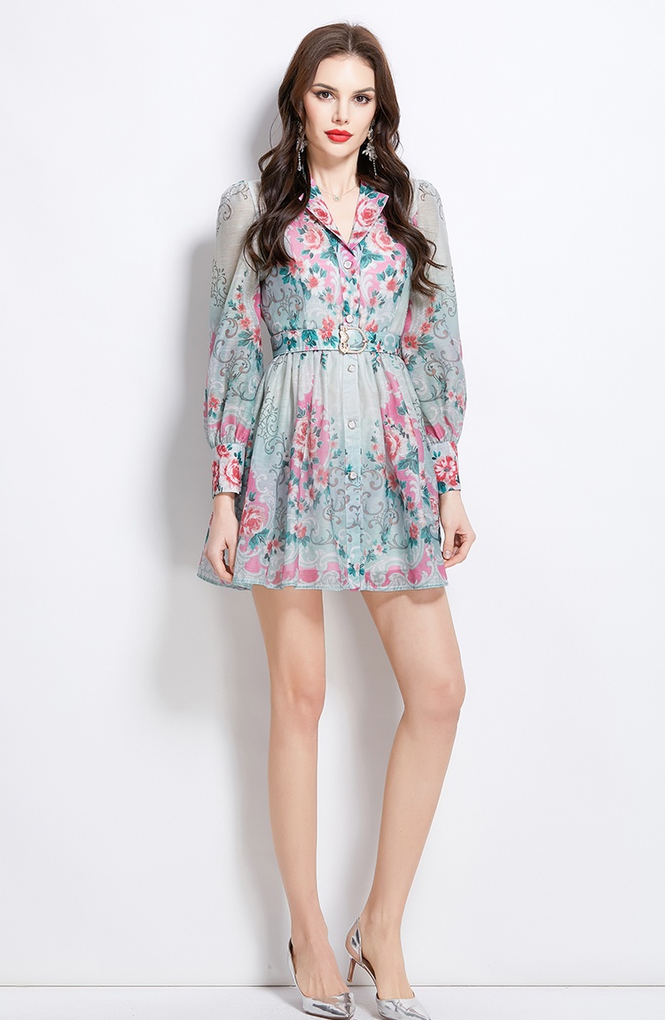 Court style printing spring dress short retro shirt