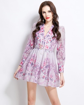 Printing short spring dress retro court style shirt