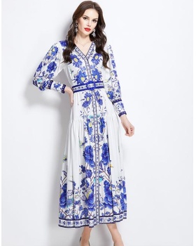 Retro national style printing spring and summer dress