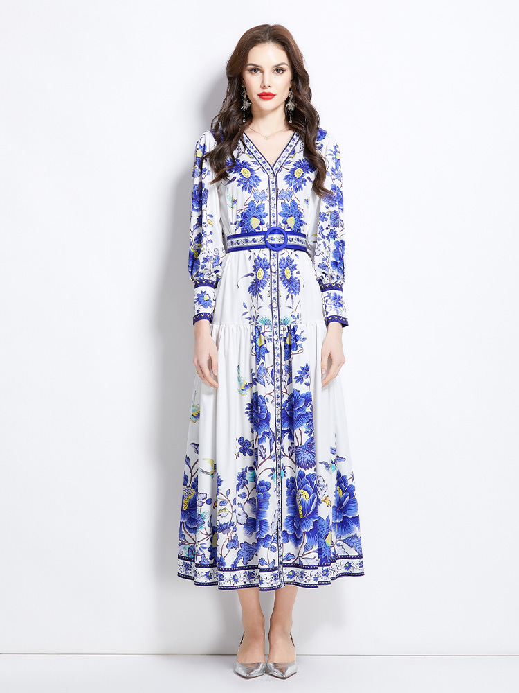 Retro national style printing spring and summer dress